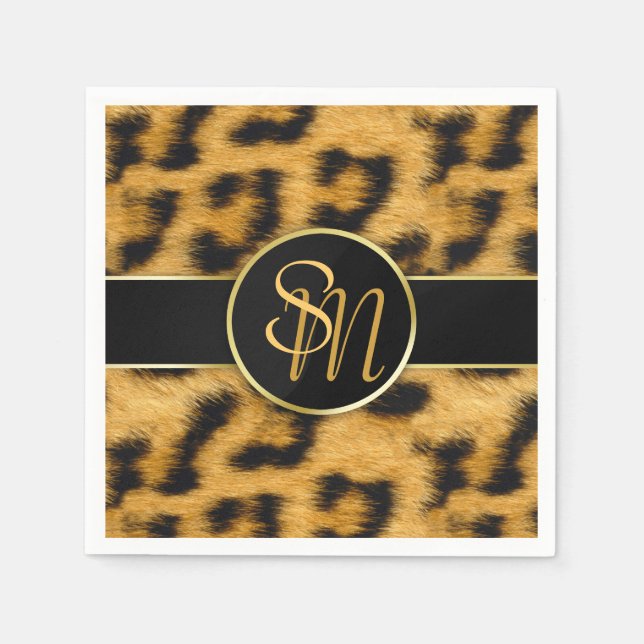 Elegant Leopard Print Monogram Script Paper Napkin (Front)