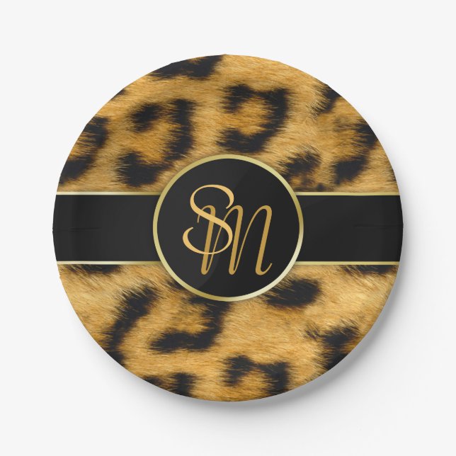 Elegant Leopard Print Monogram Script Paper Plate (Front)
