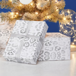 Elegant leopard print pattern silver foil white wrapping paper