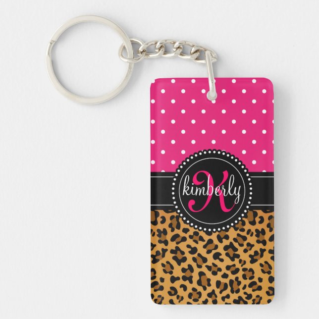 Elegant Leopard Print Pink Dots Girly Chic Custom Key Ring (Front)