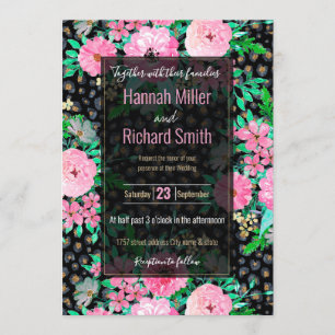 Elegant Leopard Print & Pink Floral Black design Invitation