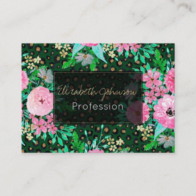 Elegant Leopard Print Pink Floral Green Design Business Card (Front)