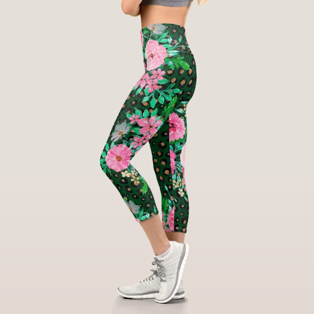 Elegant Leopard Print Pink Floral Green Design Capri Leggings (Left)