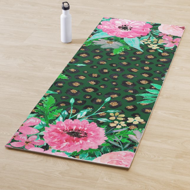 Elegant Leopard Print Pink Floral Green Design Yoga Mat (In Situ)