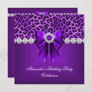 Elegant Leopard Purple Bow Diamonds Birthday Party Invitation