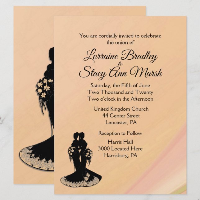 Elegant Lesbian. Wedding Invitation Peach (Front/Back)