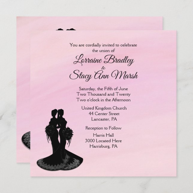 Elegant Lesbian. Wedding Invitation Pink (Front/Back)