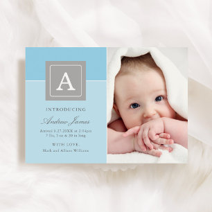 Elegant Letter Block Baby Boy Blue Photo Birth Announcement