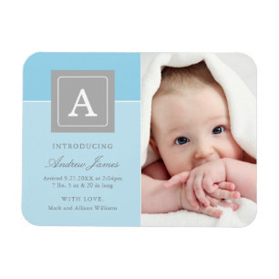 Elegant Letter Block Baby Boy Blue Photo Birth Magnet