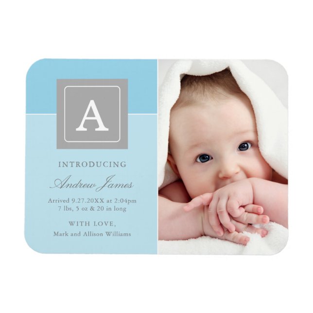 Elegant Letter Block Baby Boy Blue Photo Birth Magnet (Horizontal)