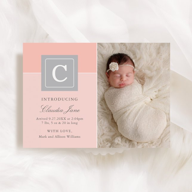 Elegant Letter Block Baby Girl Photo Blush Birth Announcement (Creator Uploaded)