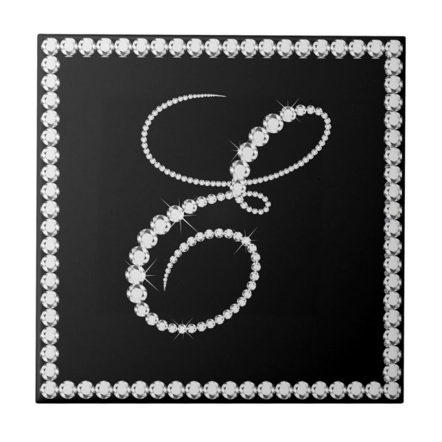 Elegant Letter E Sparkling Diamonds Monogram Ceramic Tile (Front)