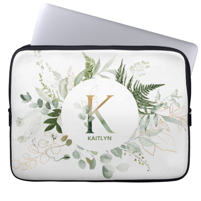 Elegant Letter K Foliage Wreath Laptop Sleeve (Front)