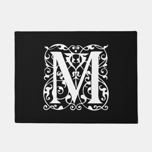 Elegant Letter M White on Black Monogram Doormat (Front)