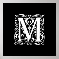 Elegant Letter M White on Black Monogram