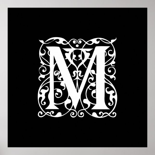 Elegant Letter M White on Black Monogram Poster (Front)