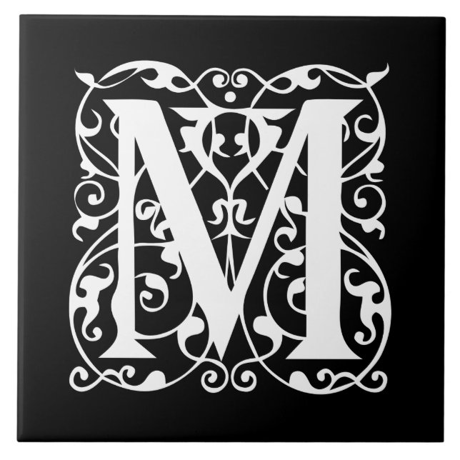 Elegant Letter M White on Black Monogram Tile (Front)