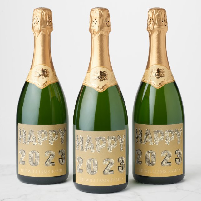 Elegant Lettering Golden Stars Happy New Year 2023 Sparkling Wine Label (Bottles)