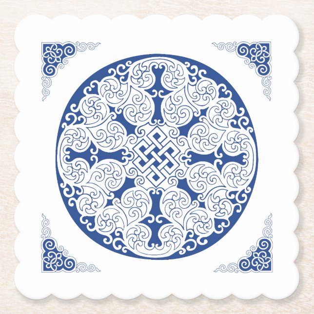 Elegant Life Cycle Navy Blue Mongolian Pattern Paper Coaster (Front)