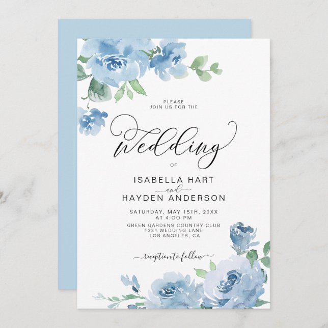 Elegant Light Baby Blue Floral Botanical Wedding I Invitation (Front/Back)