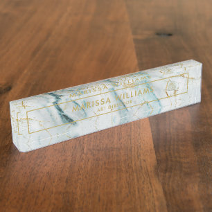 Elegant Light Blue and Gold Marble Texture Nameplate