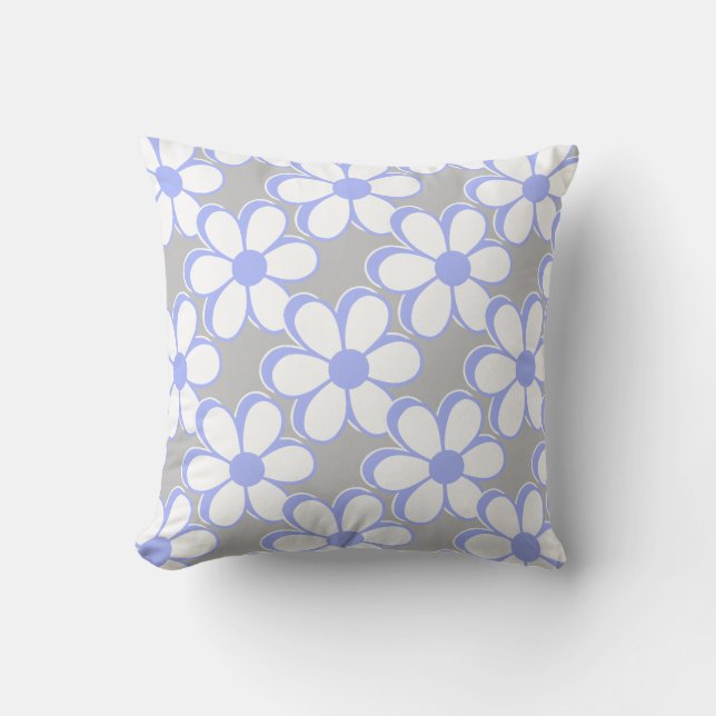 Elegant Light Blue and White Flowers on Light Grey Cushion (Front)