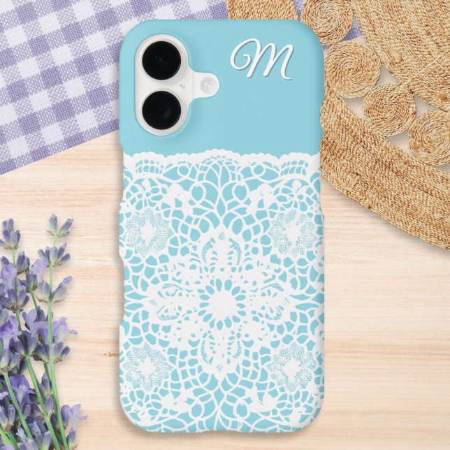 Elegant Light Blue and White Lace Monogrammed (A pretty phone case in light blue with white lace effect and custom monogram)