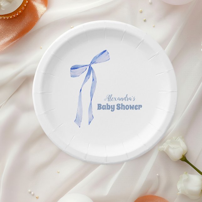 Elegant Light Blue Bow Boy Shower  Paper Plate (Creator Uploaded)