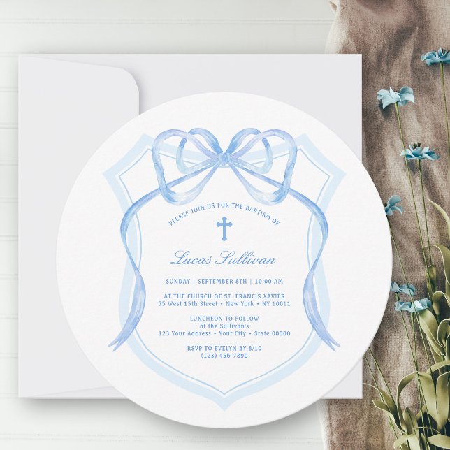 Elegant Light Blue Bow Crest Baptism Invitation (Creator Uploaded)