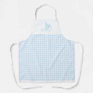 Elegant Light Blue Butterfly Monogram Gingham Apron