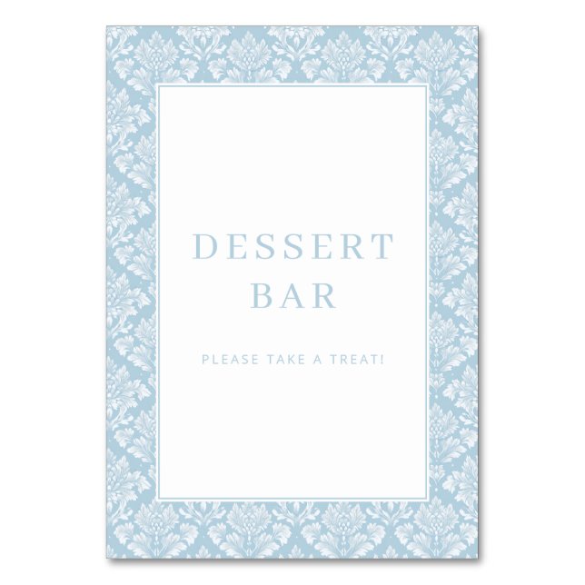 Elegant Light Blue Damask Dessert Bar Sign Table Number (Front)
