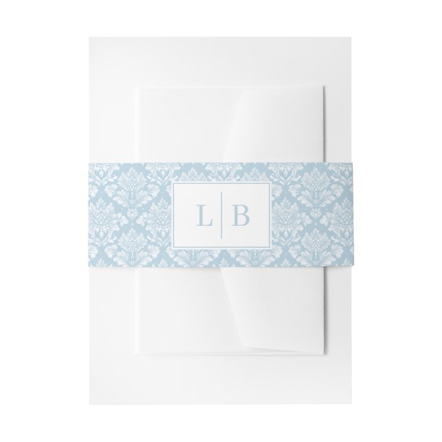 Elegant Light Blue Damask Monogram Invitation Belly Band (Front Example)