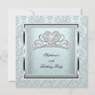 Elegant Light Blue Damask Silver Tiara Birthday Invitation