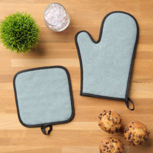 Elegant Light Blue Floral Botanical Oven Mitt & Pot Holder Set