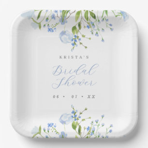 Elegant Light Blue Floral Bridal Shower Paper Plate
