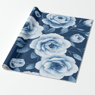 Elegant Light Blue Floral Pattern on Deep Blue Bac Wrapping Paper