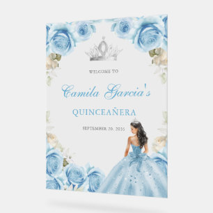 Elegant Light Blue Floral Quinceañera Welcome Acrylic Sign