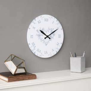 Elegant Light Blue Floral Toile de Jouy Wall  Large Clock
