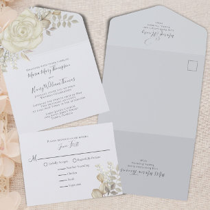 Elegant Light Blue Floral Wedding RSVP  All In One Invitation