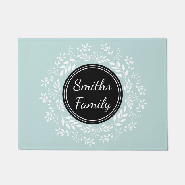 Elegant Light Blue Floral Wreath Custom Text Doormat (Front)