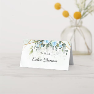 Elegant Light blue flowers eucalyptus and gold Place Card