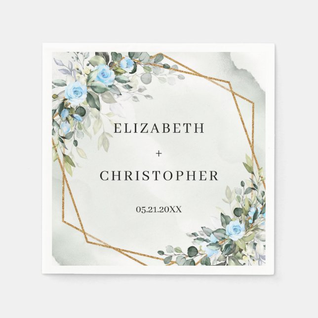 Elegant Light blue flowers eucalyptus gold wedding Napkin (Front)