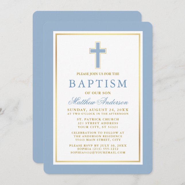 Elegant Light Blue Gold Baptism Invitation (Front/Back)