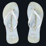 Elegant Light Blue & Gold Lacy Bridesmaid Wedding Thongs<br><div class="desc">These elegant wedding flip flops are a great way to thank and recognise your bridesmaids, while giving their feet a rest after a long day. The beautiful design features an elegant design with lacy golden frills on a pale powder blue coloured background and fancy gold coloured script lettering. The text...</div>