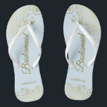 Elegant Light Blue & Gold Lacy Bridesmaid Wedding Thongs<br><div class="desc">These elegant wedding flip flops are a great way to thank and recognise your bridesmaids, while giving their feet a rest after a long day. The beautiful design features an elegant design with lacy golden frills on a pale powder blue coloured background and fancy gold coloured script lettering. The text...</div>