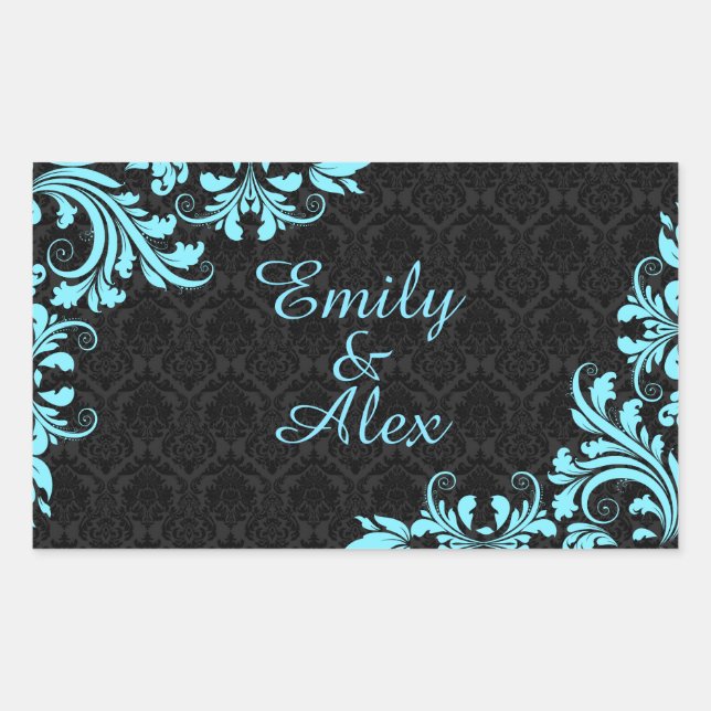 Elegant Light Blue Lace Black Damasks Rectangular Sticker (Front)