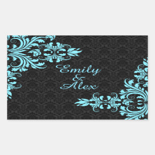 Elegant Light Blue Lace Black Damasks Rectangular Sticker