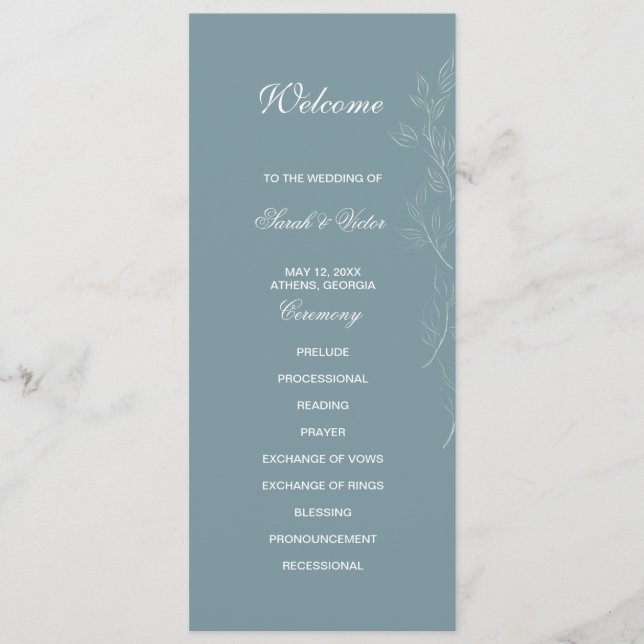 Elegant light blue leaf double side program card  (Front)