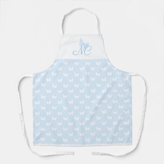 Elegant Light Blue Monogram Butterfly Pattern Apron (Front)