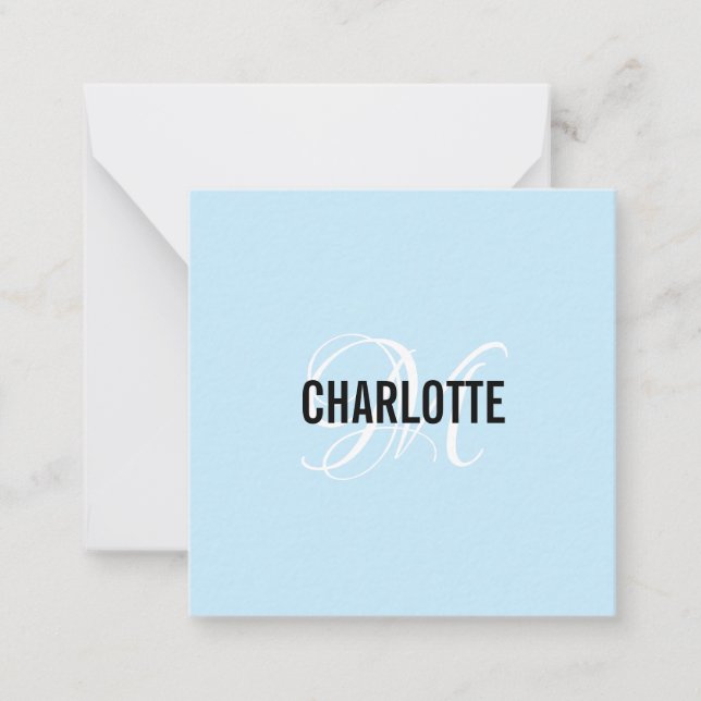 Elegant light blue monogram name note card (Front)